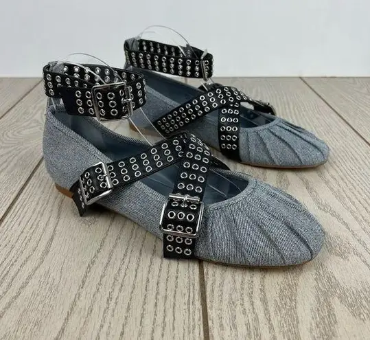 Steve Madden  Bryar Wrap Ankle Strap Flats 10 Denim & Black Faux Leather $90