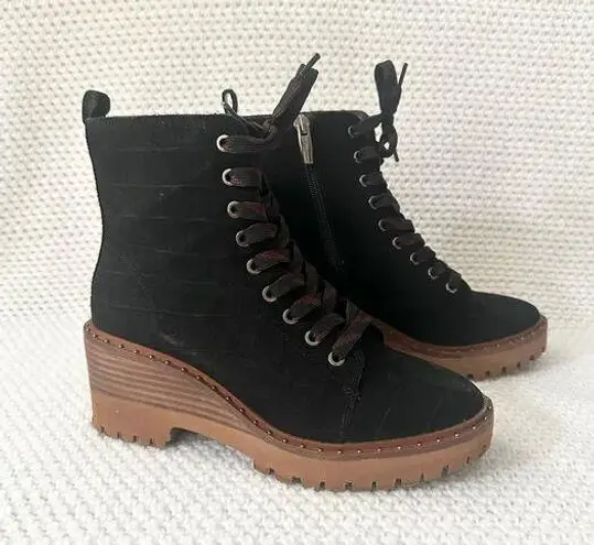 Vince Camuto  Debsen Black Suede Croc Lug Sole Platform Combat Boot Lace Up 6 Box - Image 1
