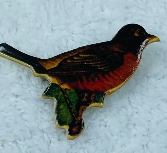 Vintage Die Cut Bird Jewelry Pin Brooch Marked Louise Handwritten Fall Colors