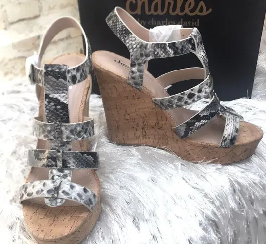 Charles David New Charles by Women’s Snake Print Embossed Cork Wedge Sandals