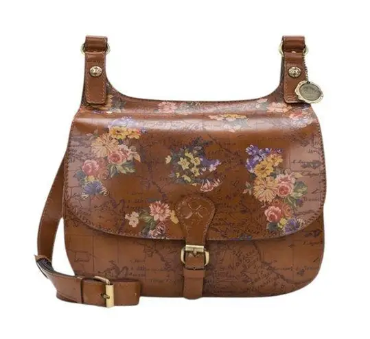 Patricia Nash English Garden Floral Map London Brown Leather Saddle Bag