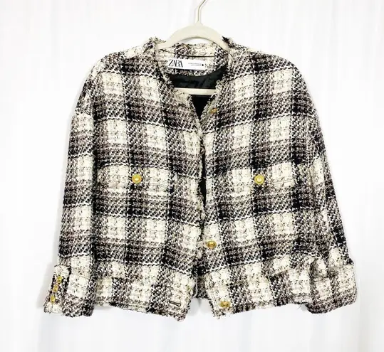 ZARA  Plaid Tweed Jacket Blogger Favorite Cropped Blazer Ballloon Sleeve