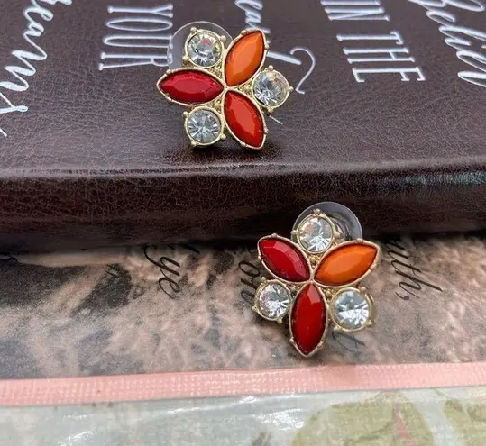 Vintage Red Orange Coral Floral Gold Tone Crystal Rhinestone Stud Earrings