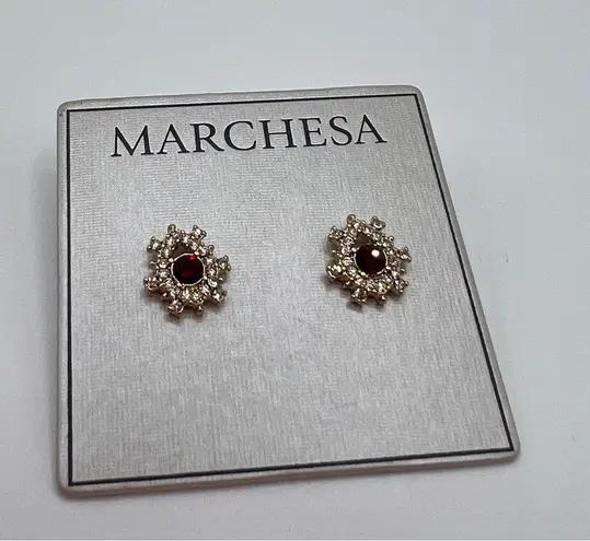Marchesa Pave & Red Color Crystal Cluster Button Earrings in Gold