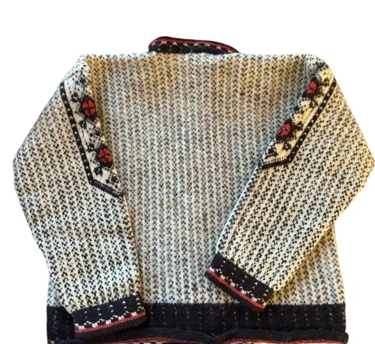 VTG Wool Chunky Knitted Cardigan Sweater M Black Cream Red Metal Scroll Buttons Size M