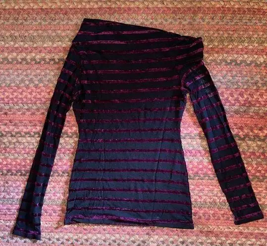 BCBG MAX AZRIA BLACK MESH & MAROON VELVET STRIPE LONG SLEEVE BOAT NECK BLOUSE