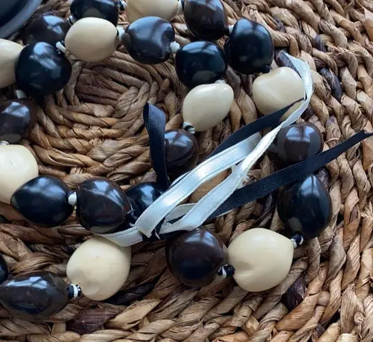 Handmade Original Hawaiian Lei Necklace Tri-Color Kukui Nuts black brown cream tan