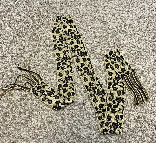 Heavy Fully Beaded Cheetah Printed Belt with Beaded Tassels Black