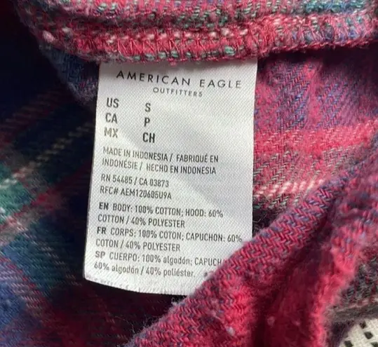 American Eagle  Red Blue Plaid Flannel Hooded Button Down Shirt Shacket sz Small