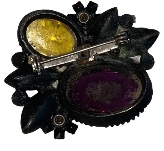 Colorful Floral Glass Cabochon Jelly Belly Black Japanned Vintage Pin/Brooch Black