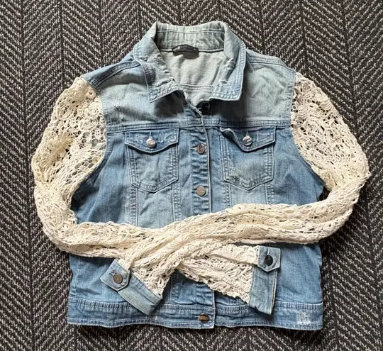 Oodji Denim Jacket White Crochet Lace Long Sleeves Distressed Women Size 42 Blue