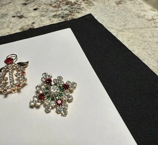 Lot Of 3 Prong Set Rhinestone Holiday Brooch Pins Christmas Tree & An Angel