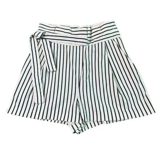 ZARA  Trafaluc Black White Stripe Shorts Paper Bag High Waist w/ Belt Size Small