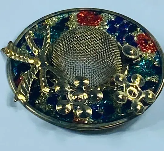 Lady's Hat Shaped Pin Brooch Multicolor Enamel Gold Tone Bow Flowers Vintage
