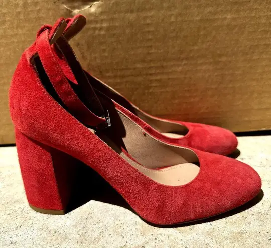 Lewit Emilia Ankle Strap Pump High Heels Almond Toe Suede Leather Red 35.5 5