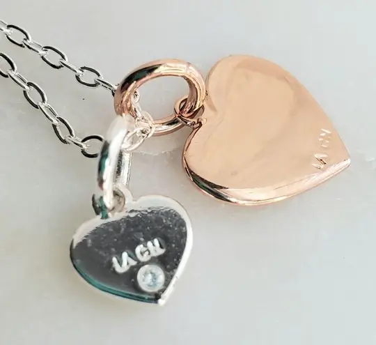 DOUBLE Heart necklace chain embossed "Love You" Gold and Silver Tone w/ CZ