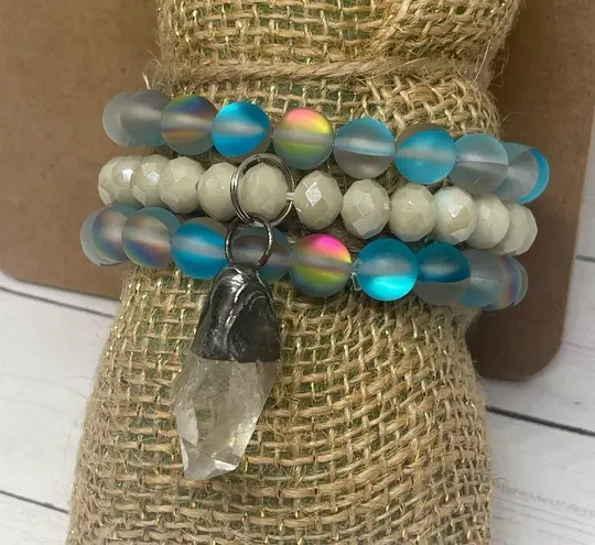 Moonstone and Beaded Crystal Bracelet Stack with Quartz Pendant Trio