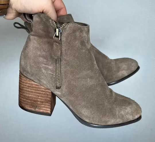 Blondo Waterproof Suede Taupe Ankle Booties Wood Stacked Block Heel Boots
