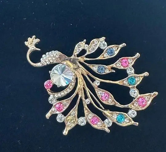 Peacock Gold Brooch with White, Pink and Blue Accents