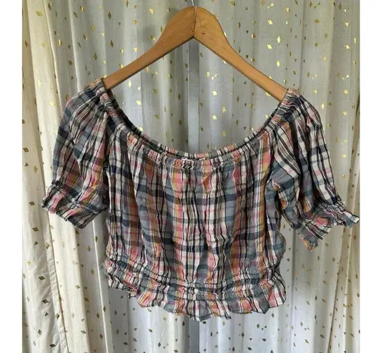 American Eagle Plaid Semi Sheer Off Shoulder Ruffle Elastic Trim Crop Top M Size M