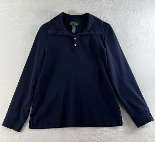 Lauren Ralph Lauren Medium M 1/4 Button Cotton Sweater Navy Blue LRL Women's