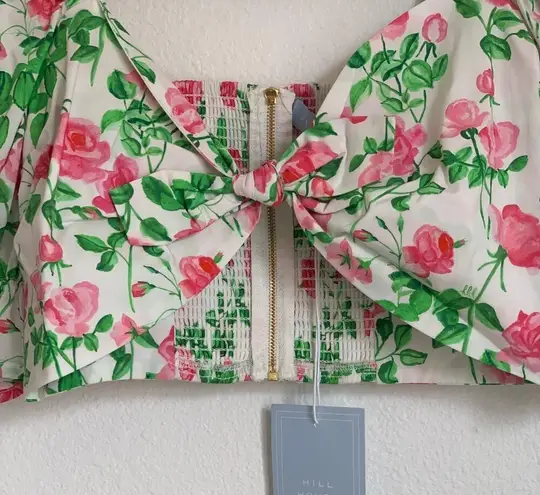 NWT Hill House Home Puff Sleeve Floral Bow Crop Top in White/Pink White