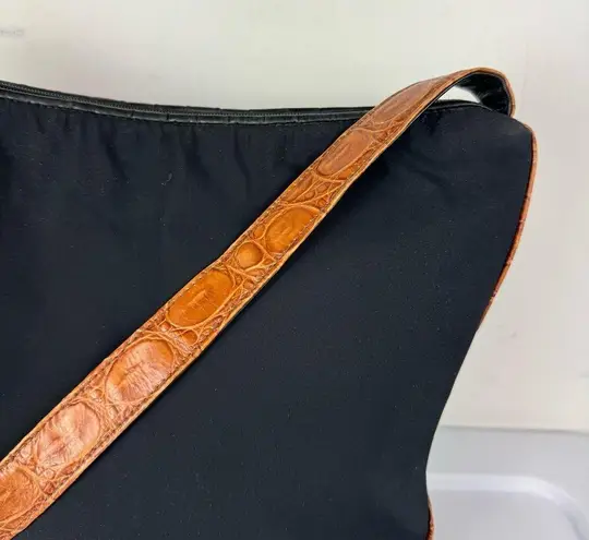 Vtg Donald J Pliner Bucket Bag Nylon Croc Embossed Leather Shoulder Bag Black