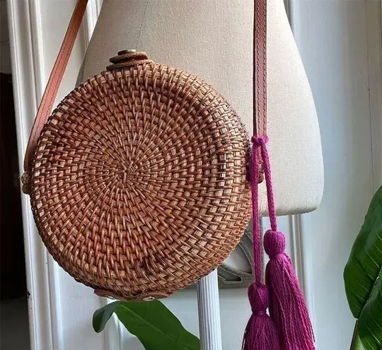 Handmade Rattan Crossbody Bag Floral Lining Leather Strap Boho Summer