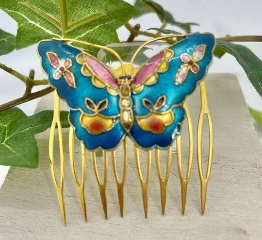 Vintage Enamel Butterfly Floral Hair Comb Gold Blue