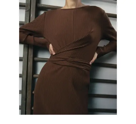 ZARA Brown Ribbed Midi Belted Dress