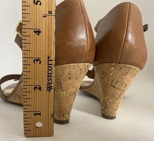 Lauren Ralph Lauren Wedge Sandals Women 10B T Strap Harleen Leather Cork Heels Brown Size 10