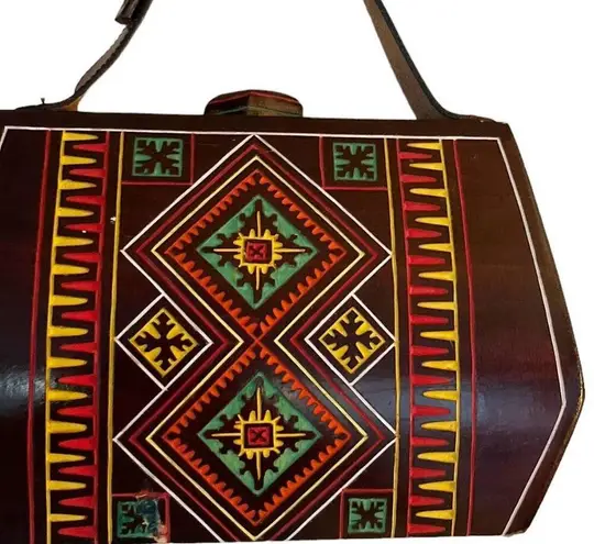 VINTAGE Wood Bag Hand Carved Diamond Shapes Leather Handle Fabric Mini Hexagon