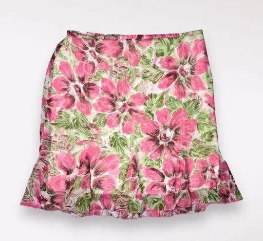 Dress Barn  Floral Midi Skirt Pink + Green Chiffon Size XL