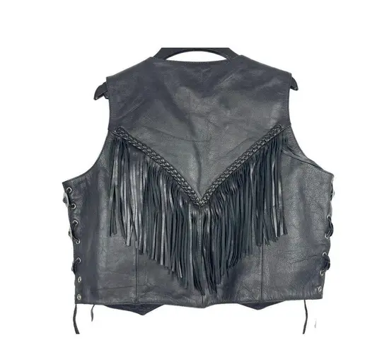First Genuine Leather Black Tasseled Fringe Moto Western XL Vest