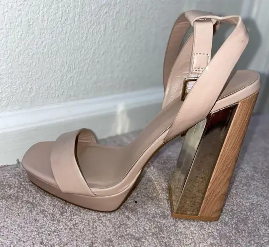 ALDO  NUDE OPEN TOE PLATFORM CHUNK WOOD-MIRRORED HEELS WITH ANKLE STRAP SIZE 9