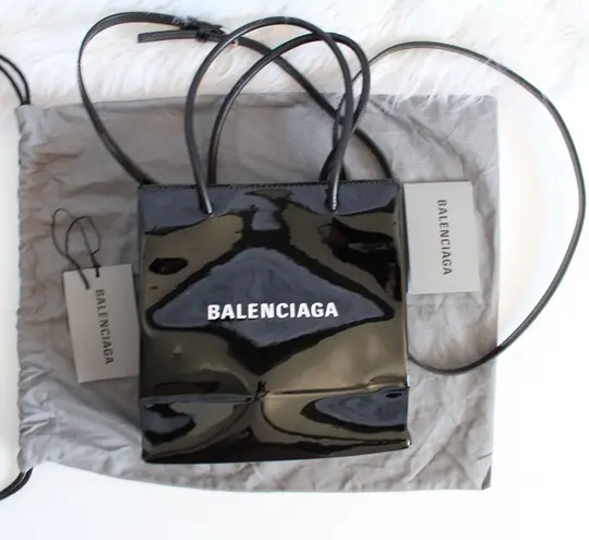 Balenciaga Black Patent Leather XXS Shopping Tote Crossbody Bag New