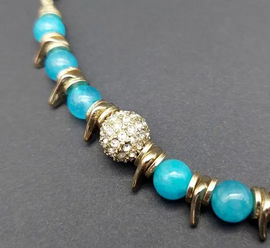 NWT Sequin Gold Tone & Blue Bead Collar Necklace Asymmetrical Paved Pendant 18"