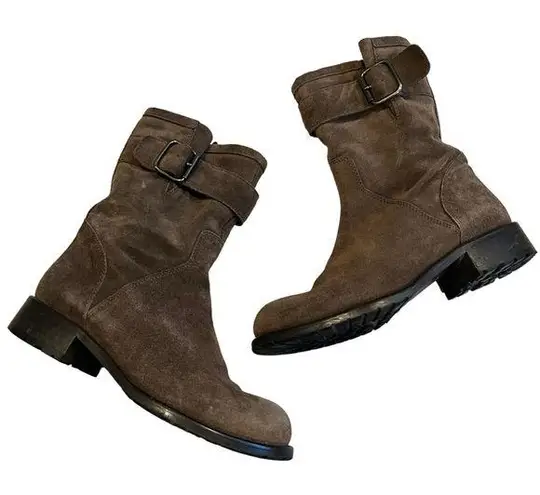 Garnet Hill Taupe Suede Buckle Accent Mid Calf Moto Boot, Sz 6.5