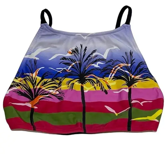 NEW Salinas S Runway High Neck Bikini Top MultiColor Palm Trees Birds Swimsuit Blue