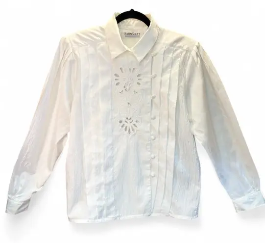 Karen Scott 90s Vintage Lace Cutout Pintuck Blouse w/Asymmetrical Buttons size 14