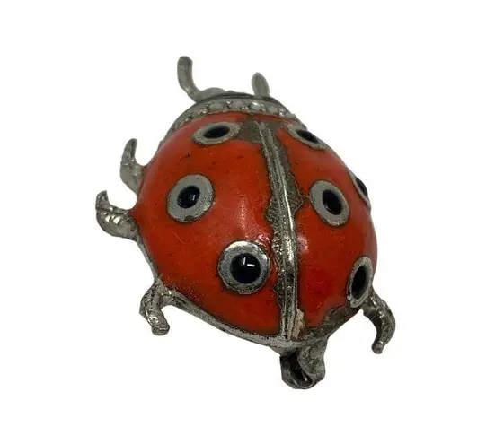 Vintage Ladybug Brooch Enamel Over Sterling Silver Rhinestone Detail Pin