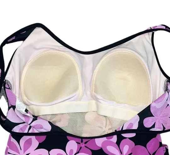 TYR Swimsuit One Piece Swim Dress Sarong Front Mod Floral 12 Purple