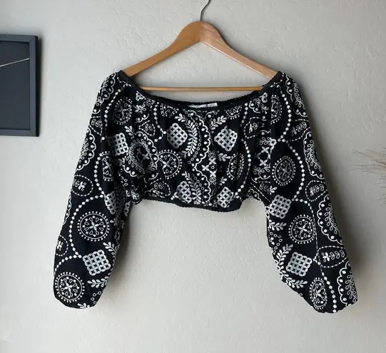 Alice McCALL Top Anywhere Black White Embroidered Off the Shoulder Crop Top Sz 6 - Image 3