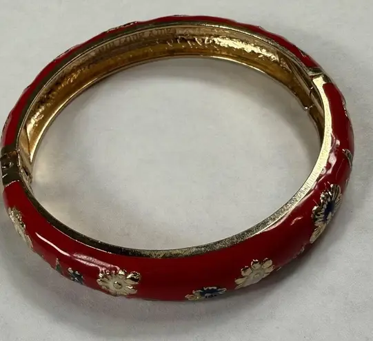 Clamper Style Bracelet Red Color Flower Pattern Accent Multicolor Enamel Painted