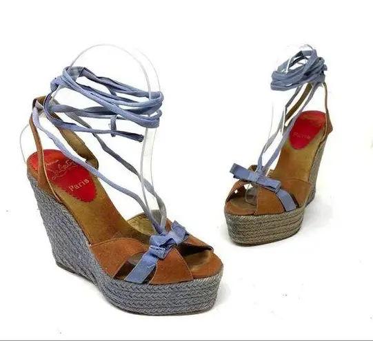 Christian Louboutin Vintage  Bow Accent blue espadrille wedge gladiator sandals