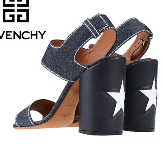 Givenchy Star Block Chunky Heel Ankle Strap Sandals RARE Denim Blue White Sz. 6