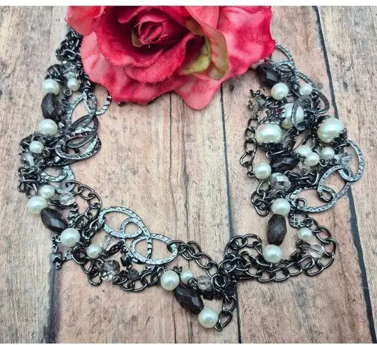 Premier Design Gun Metal Chain Necklace Faux Pearls Hammered Links Multi Strand Black