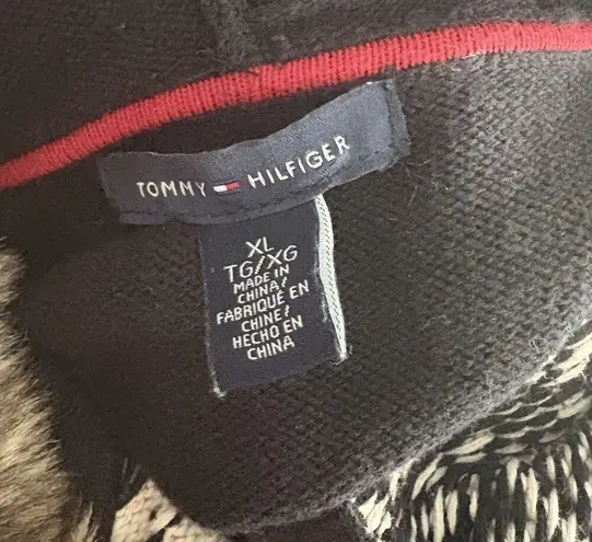 Tommy Hilfiger  Sweater Zip Up Sweater w/Fur Trimmed Hood Black & Cream Size XL