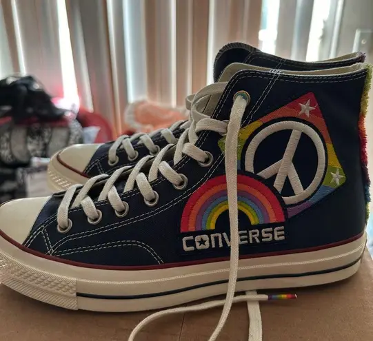 Converse  Navy High-Tops with Rainbow and Peace Patch - Image 2