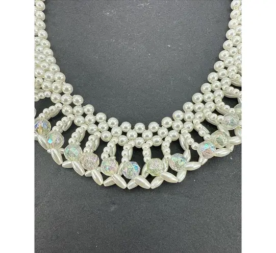 Vintage Japan Faux Pearl Aurora Borealis Bib Collar Necklace Bridal Necklace White